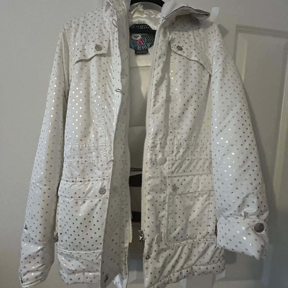Roxy Women’s Ski Snowboarding Snow Jacket with hood White and Silver polka dot